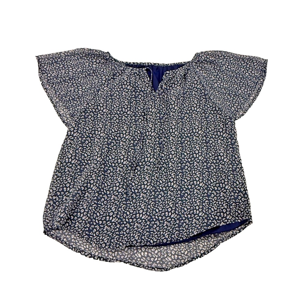 Women's Flutter Sleeve Blouse Navy/White Notched Neck w/ Tie Lined - Size Medium